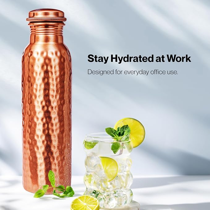 Alpha Living Home Copper Water Bottle 32 Oz Extra Large, Real Copper Water Bottle, Pure Drinking Bottle, Hammered Ayurvedic Bottle for Drinking Water, Leak Proof Vessel Cap with Cleaning Brush