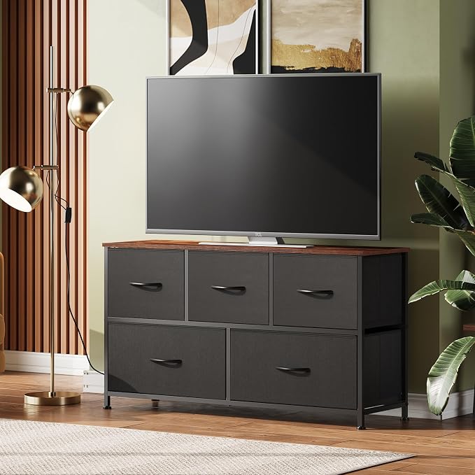 WLIVE Dresser for Bedroom, 5 Drawer Fabric Dresser, Black and Rustic Brown | 5 roomy fabric drawers, Wide storage design, Bedroom or closet use, Chest of drawers, Smooth wood tabletop