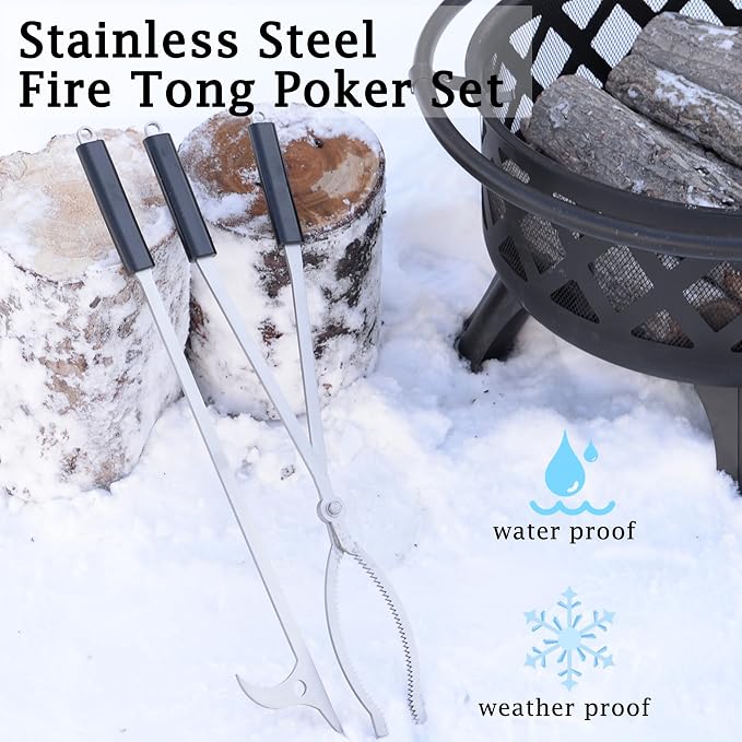 28in Firewood Tongs and Fire Poker Set Stainless Steel | Fire Poker and Fireplace Tongs Log Grabber Set for fire pit outdoor Bonfire Wood Stove Fire Pit Use, Portable Rustproof Saf