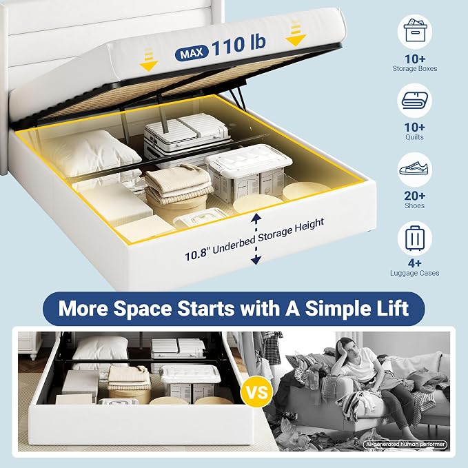 Allewie Queen Size Lift Up Hydraulic Storage Bed Frame White | Modern Wingback Headboard, Hydraulic Support Storage, No Box Spring Needed