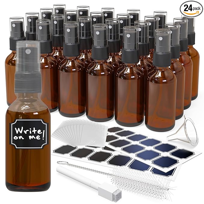 Nevlers 24PK 2 Oz Amber Glass Spray Bottles for Essential Oils | Amber Glass Bottle Set w/Shrink Wrap, Funnel, Labels & More | Fine Mist Spray Bottles for Face Mist Bottle, Hair Mister, Oil Mister