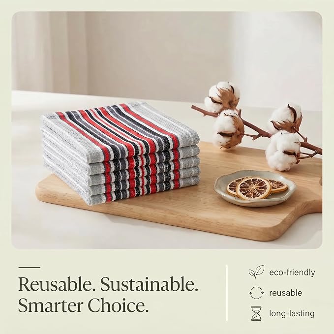 Urban Villa Kitchen Towels Waffle Stripes Dish Towels for Kitchen Grey Color Set of 6 Kitchen Towels Highly Absorbent Cotton Over Sized 20X30 in with Mitered Corners Kitchen Hand Tea Towels