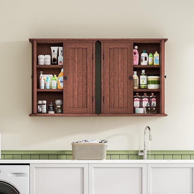 ChooChoo Bathroom Wall Cabinet, Over The Toilet Space Saver Storage Cabinet, Farmhouse Medicine Cabinet with 2 Doors and Adjustable Shelves, Cupboard, Walnut