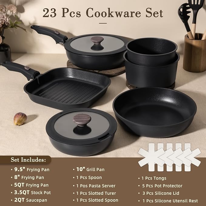 Astercook 23 Pcs Pots and Pans Set Non Stick, Ceramic Cookware Set Detachable Handle, RV Kitchen Cooking Set Removable Handles, Oven Safe, Induction Ready, Stackable, Black, Mothers Day Gifts