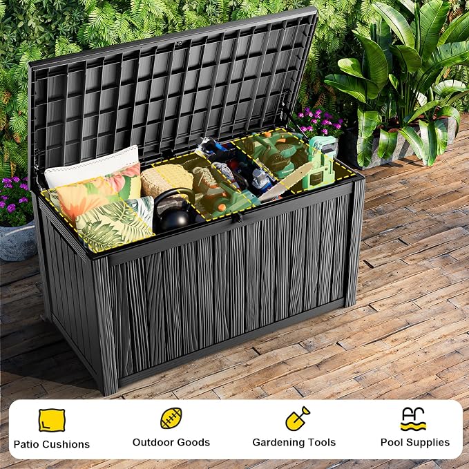 DRATO 200 Gallon Deck Boxes Outdoor Waterproof, Lockable Outdoor Storage Box for Patio Furniture Pool Supplies Garden Tools, Weatherproof Resin Storage Box for Backyard (Black, 200 Gallon)