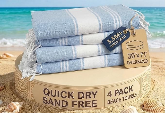 LANE LINEN Beach Towel 4 Pack, Oversized Beach Towels for Adults - Sky Blue | Lightweight Travel Beach Towels - Pre-Washed for Soft Hand Feel - 39"x71", Vacation Essential - Machine Washable, All-Season