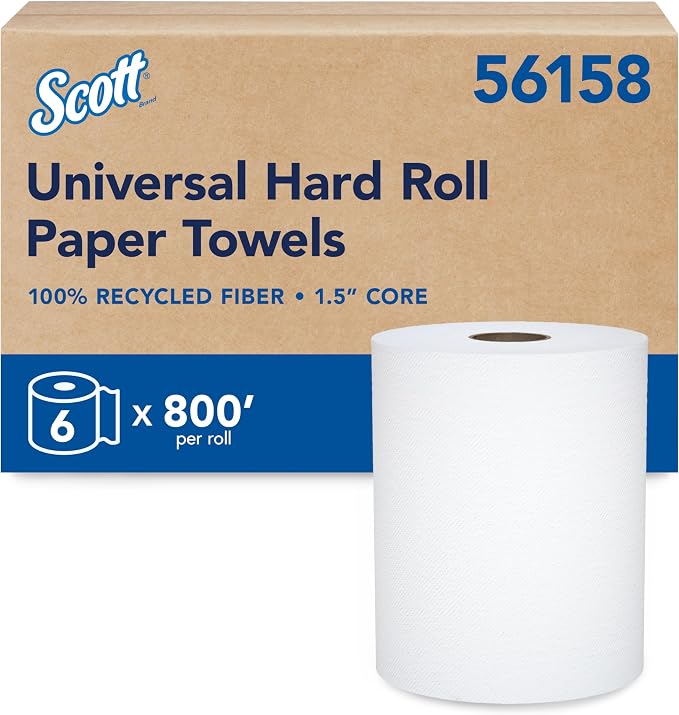 Scott Professional Hard Roll Paper Towels, Bulk, 6 Rolls x 800' (56158) | Universal 1.5" Core, 100% Recycled Fiber, White, Standard Tier, Absorbency Pockets, Compatible with Universal Roll Dispensers