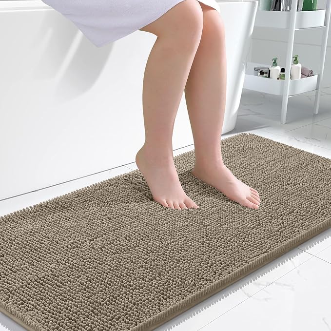 OLANLY Bathroom Runner Rugs 47x24, Soft Absorbent Chenille Bath Rugs, Rubber Backing Quick Dry, Machine Washable Long Bath Mats for Bathroom Floor, Tub and Shower, Home Decor Accessories, Warm Taupe