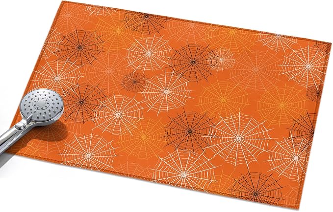 Entryway Area Rug 2'x3', Orange Halloween Washable Small Area Rugs for Kitchen Bathroom Bedroom Office Laundry, Black White Net Halloween Non Slip Door Mat Indoor Entrance Floor Throw Carpet