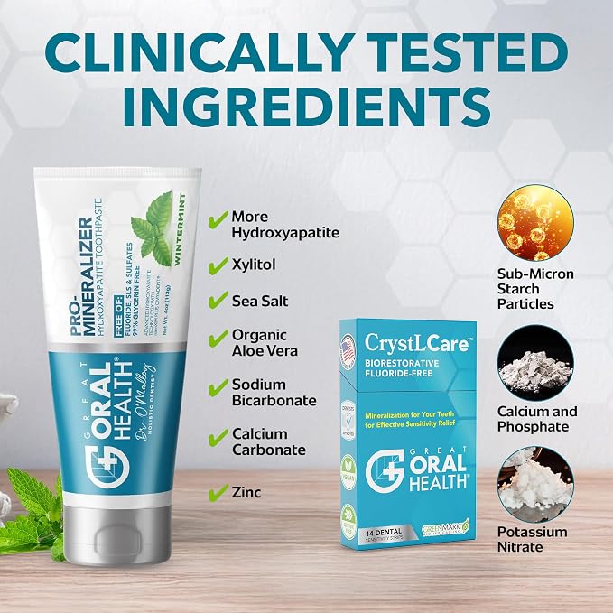 Tooth Sensitivity Treatment Bundle: Remineralizing Nano Hydroxyapatite Toothpaste Fluoride Free & CrystLCare Biorestorative Sensitive Teeth Dental Strips for Enamel Remineralization and Lasting Relief