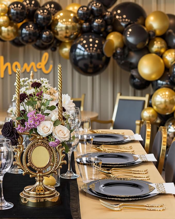 Nervure 350PCS Black Plastic Plates - Black Plastic Dinnerware Sets for 50 Guests - 100 Disposable Plates, 150 Gold Silverware, 50 Cups, 50 Napkins for Wedding & Party & Graduation & Retirement