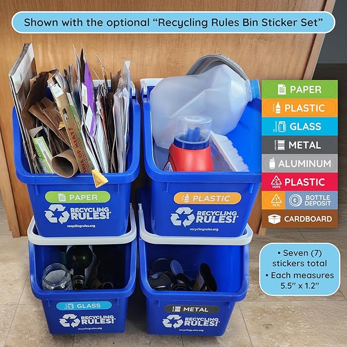 6 Gallon Stackable Recycling Bin Container in Blue, Eco-Friendly BPA-Free Handy Recycler with Handle, 4-Pack