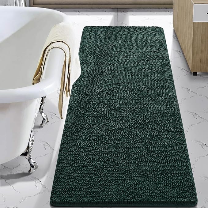 LOCHAS Luxury Bathroom Rug Shaggy Bath Mat 24 x 70 Inch, Hunter Green | Washable Non Slip Bath Rugs for Bathroom Shower, Soft Plush Chenille Absorbent Carpets