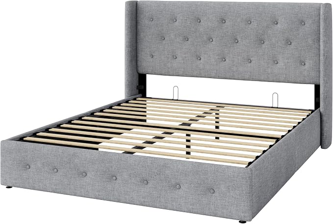 Allewie Full Size Lift Up Storage Button-Tufted Bed Frame Light Grey | Modern Wingback Headboard, Hydraulic Support Storage, No Box Spring Needed