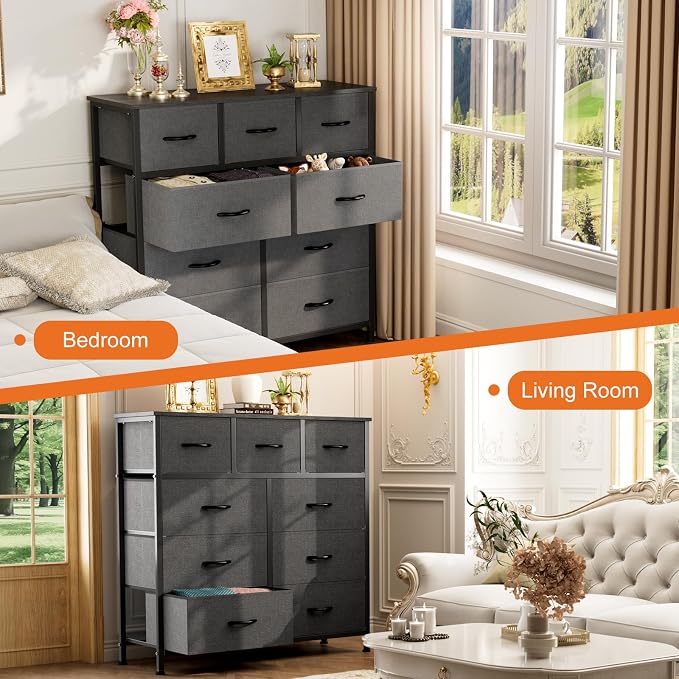 Sweetcrispy 9 Drawer Fabric Dresser Storage Tower Drawer Organizer, Grey | Sturdy steel frame with wood top,easy-pull handles,Space-saving organizer chest for bedroom, closet, Lightweight and stable