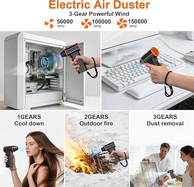 F32MAX Compressed Air Duster-150,000RPM Super Power Electric Air Duster and Vacuum Cleaner & Bag Vacuum Sealer 3-in-1，for PC Keyboard Cleaning, Car Interior Cleaning.