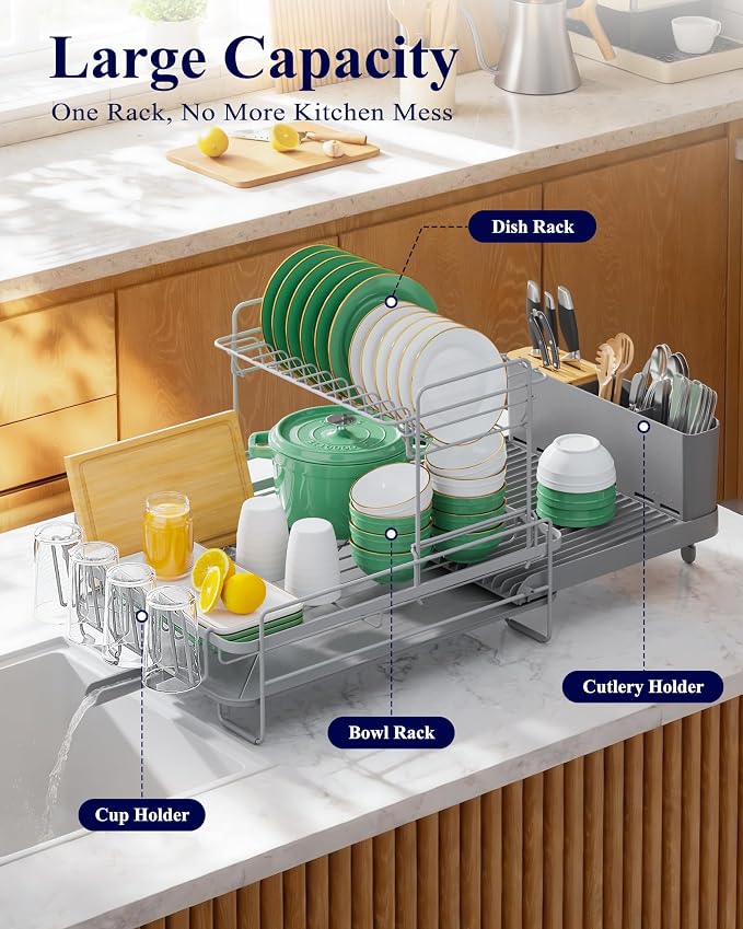 Kitsure Large Dish Drying Rack - Extendable Dish Rack, Multifunctional Dish Rack for Kitchen Counter, Anti-Rust Dish Drainers with Cutlery & Cup Holders 19.2"-26.7" L x 12.9" W x 13.6", Grey