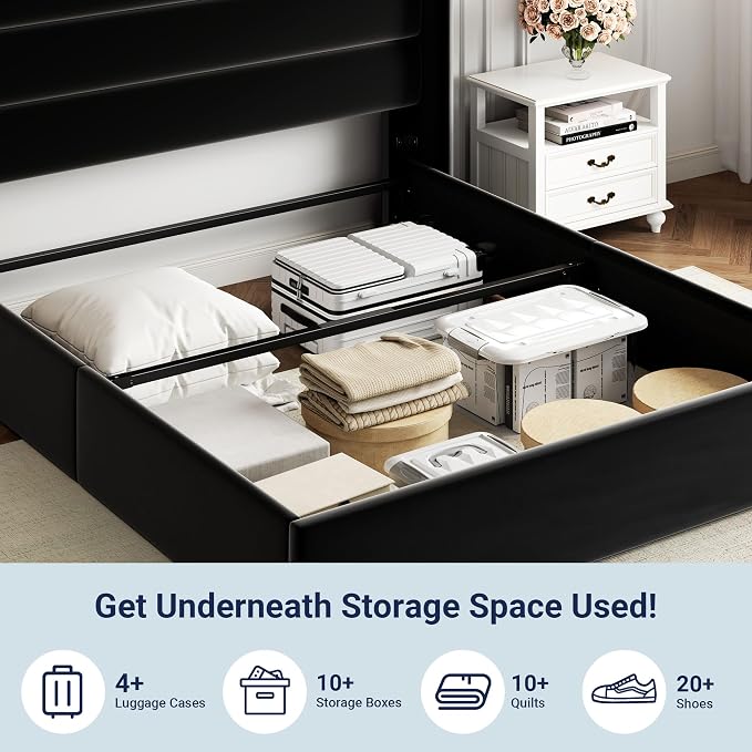 Allewie Full Size Lift Up Hydraulic Storage Bed Frame Black | Modern Wingback Headboard, Hydraulic Support Storage, No Box Spring Needed
