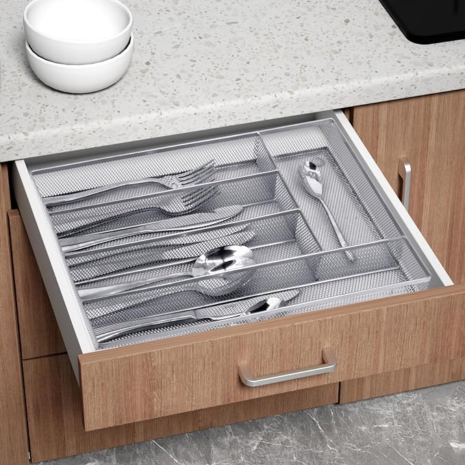 Neudeco Silverware Drawer Organizer, Silver, 5 Compartment | Mesh Wire, Non-Slip Feet, Cutlery Tray, Flatware Storage Divider