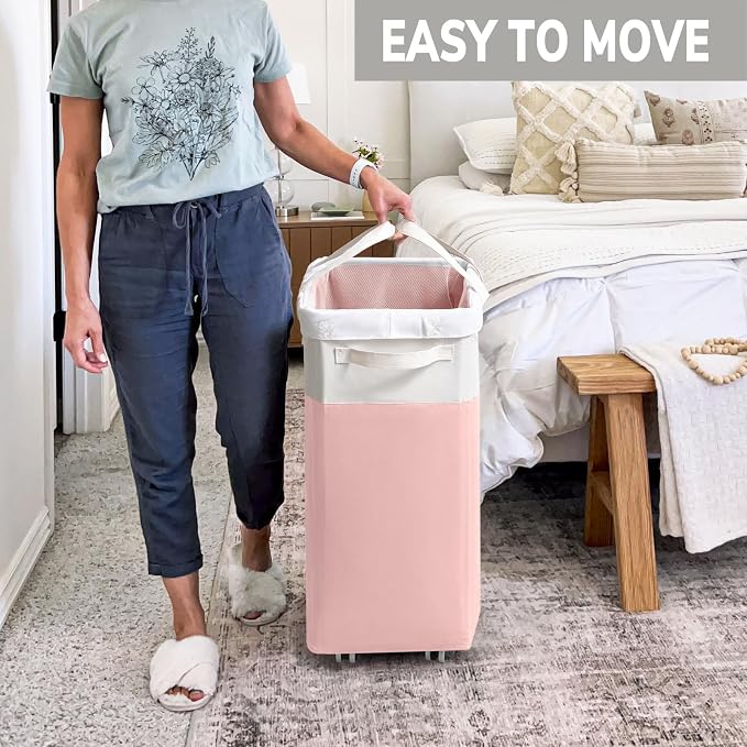 Goodpick Laundry Basket with Wheels 2-Pack, 75L Tall Clothes Hamper, Large Laundry Basket with Removable Wash Bag for Corner Dorm, Rolling Hamper, Pink&White