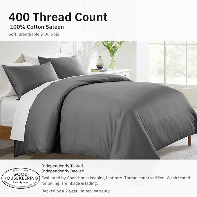California Design Den 3-Piece Oversized King Duvet Cover Set - 400 Thread Count Sateen, Soft Comforter Cover Set, Button Closures, Corner Ties, Durable Bedding - Grey