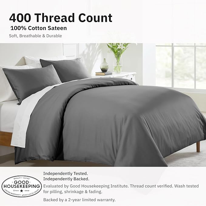 California Design Den 3 Pc Duvet Cover Set King - Winner Good Housekeeping Best Bedding Awards 2025, 400 Thread Count Sateen, 100% Cotton Duvet Covers, Button Closure, Corner Ties - Grey