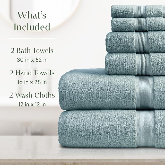 Springtree Home Luxury Bamboo Rayon Bath Towel Set | 6-Piece Set | Aegean | 35% Bamboo Rayon - 65% Zero Twist Cotton | Absorbent Quick-Dry Towels for Bathroom | Ultra Soft | OEKO-TEX Standard 100
