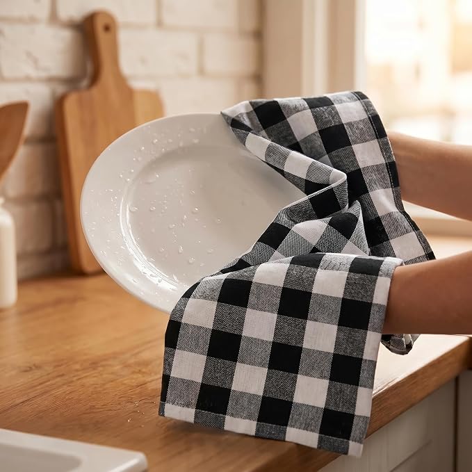 Urban Villa Kitchen Towels 100% Cotton Dish Towels for Kitchen (Set of 6) 20”x30” Dish Cloths Highly Absorbent Kitchen Linen Set with Hanging Loop Perfect for Drying Dishes Cleaning – Black White