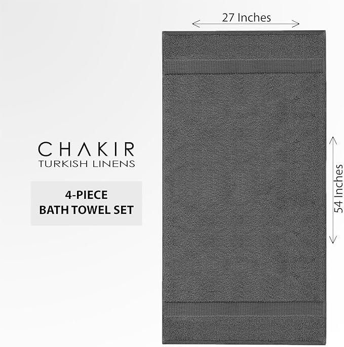 Chakir Turkish Linens 4 Piece Large Bath Towels, 100% Cotton Turkish Towels for Bathroom, Luxury Soft Absorbent Bath Towel Set, 27 x 54 Inches, Dark Gray