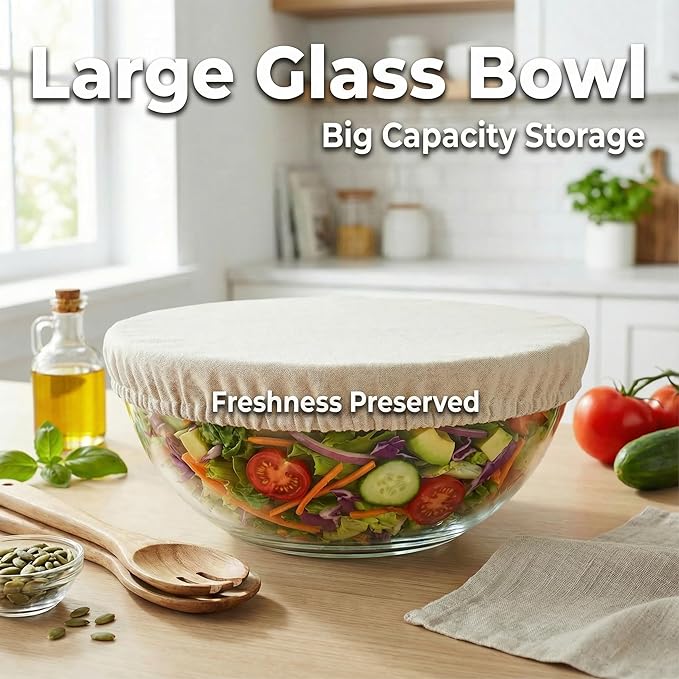 6.5 Quart Large Glass Mixing Bowl with Lid,Thickened Clear Large Salad Bowls Glass Big Mixing Bowls for Kitchen with Sourdough Starter Jar