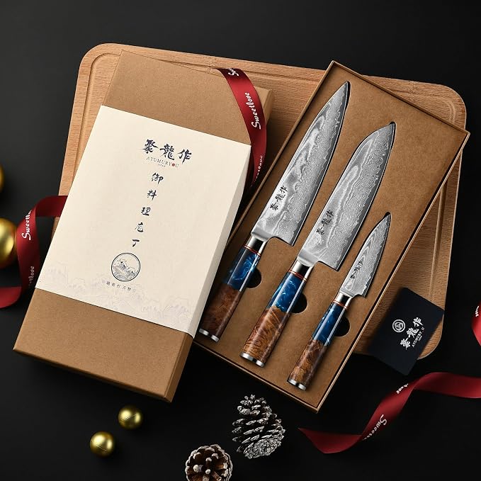 Japanese Chef Knife Set 3 Pcs, 67-Layer Damascus Kitchen Knife Set with VG10 Steel Core, Professional Sharp Damascus Knives with Ocean-Blue Ergonomic Handle, Include Elegant Cooking Gifts Box