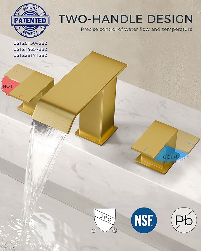 FORIOUS Brushed Gold Bathroom Sink Faucets 3 Hole Widespread, 2 Handles Bathroom Faucet with Pop-up Drain and Flexible Hot and Cold Water Hoses, Suitable for Vanity RV Restroom