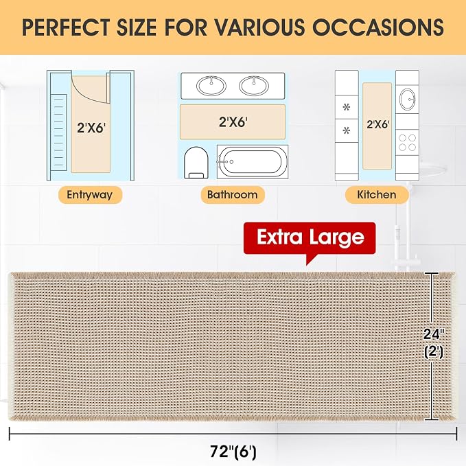 IM HOME Extra Large Waffle Bath Mat Brown & Cream 6'x2', Boho Woven Modern Bath Mat Rugs, Absorbent Non Slip Bathroom Rugs, Soft Washable Bath Rugs with Tassels for Bedroom, Kitchen, Shower, Tub