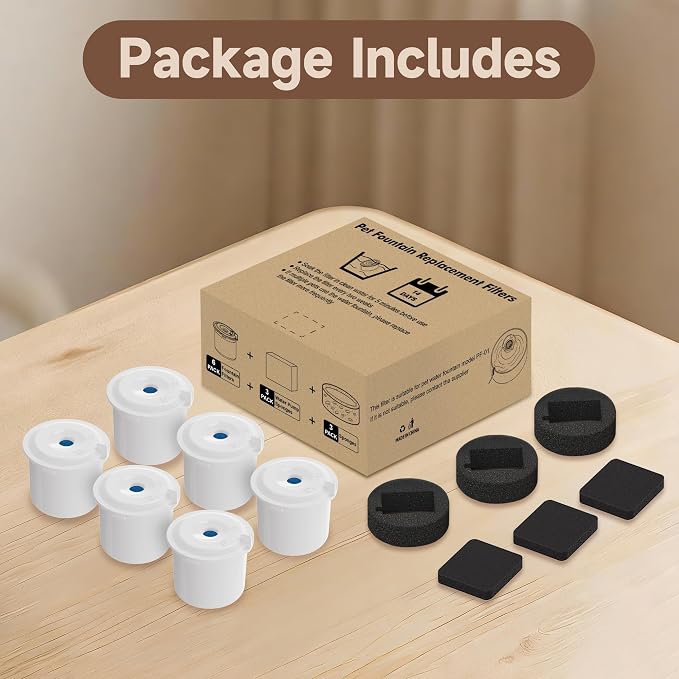 PETIMI Accessories Set (Replacement Filter & Water Pump Sponge) for Pet Water Fountain- 6 pcs Packed Filters and 3 pcs Packed Sponges, Fits PETIMI Glass & Ceramic Pet Fountain Series