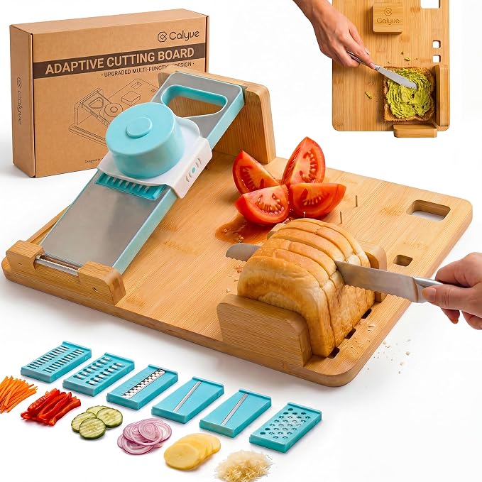 Adaptive One-Handed Cutting Board with Stainless Spikes, Safety Peeler, Bread Stops, Movable Block & 6 Mandoline Blades — Bamboo Kitchen Tool to Cook with One Hand
