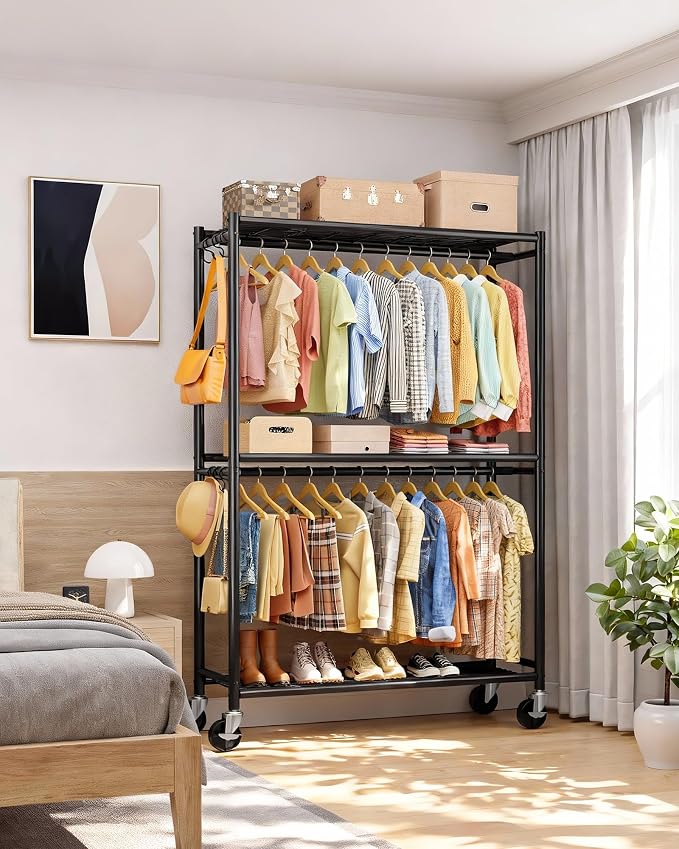 Sakugi Clothes Rack - Double Hanging Rod Clothing Rack with Wheels & Leveling Feet, Large Capacity Wardrobe Closet with Shelves for Bedroom, Laundry Room, Entryway, 45.2" x 12.6" x 80.7", Black