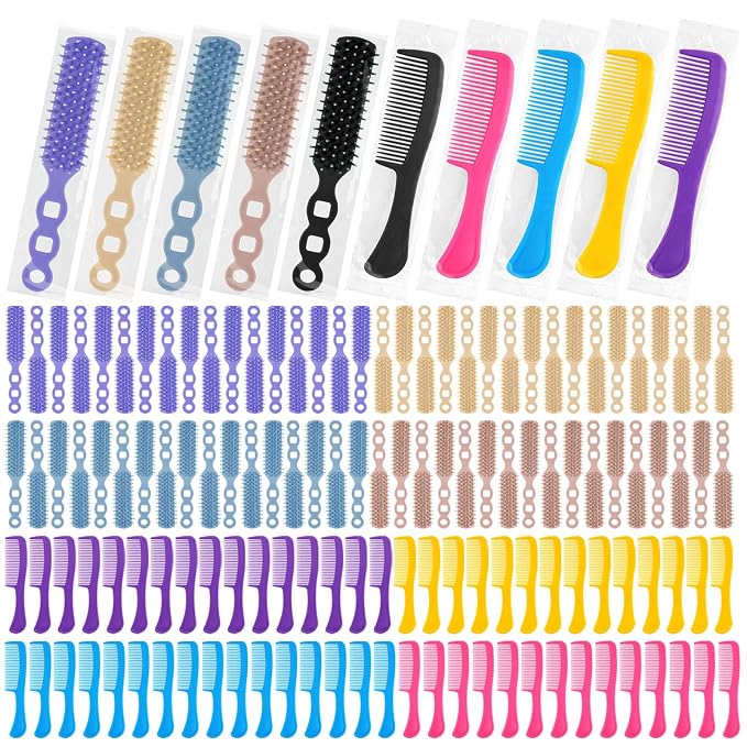 200 Pcs Hair Brush and Comb Set in Bulk for Homeless Individually Wrapped, Bulk Comb Brush Hairbrush for Women Kids Hotel Homeless Charity (Bright Color)