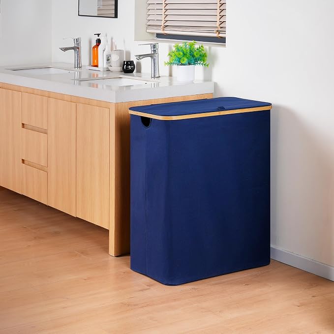 efluky Laundry Hamper with Lid, Trio Laundry Basket with 2 Removable Bags, 3 Section Laundry Bin with Bamboo Handles for Bathroom, Bedroom & Laundry Room, 160L (42.3 Gallon) Blue