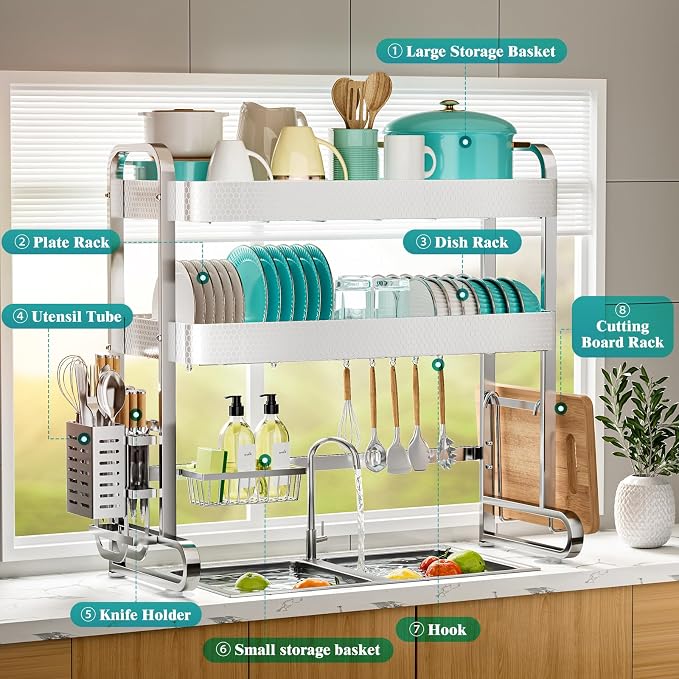 HOWDIA 3-Tier Over The Sink Dish Drying Rack, 304 Stainless Steel | Honeycomb Design, Cutlery Holder & Chopping Board Rack, 33.86” x 11.81” x 33.07” for Maximum Kitchen Storage