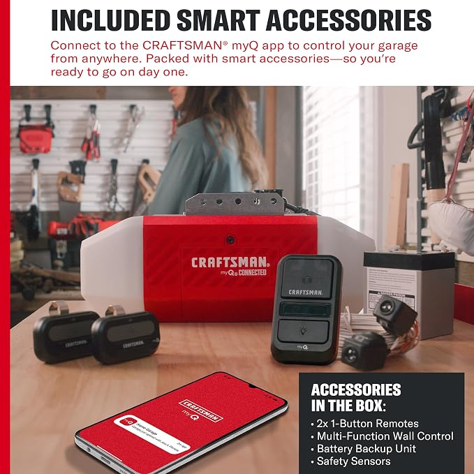 Craftsman Belt Drive Garage Door Opener, 3/4 HP, Wi-Fi, Battery Backup | Heavy duty Chain-Drive, myQ compatible, Quiet performance, Includes: 2 remotes, wall control & safety sensors