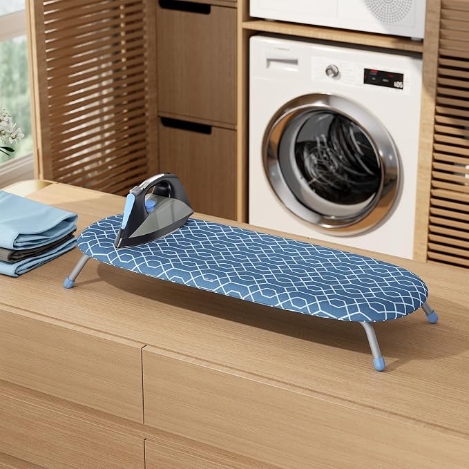 APEXCHASER Foldable Ironing Board, Tabletop Small Iron Board with Heat Resistant Covers, Portable Folding Mini Iron Table with Non-Slip Feet for Home, Laundry Rooms, Dorms, Travel Use, Blue