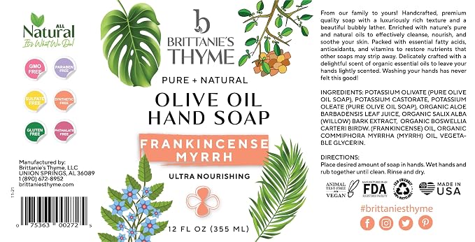 Brittanie’s Pure Castile Liquid Soap Refill, Frankincense, 12 Ounce 3 Pack | Dish Soap, Hair & Body, Home, Gentle and Pure, Made with Natural Luxurious Oils, Vegan & Gluten Free Non-GMO