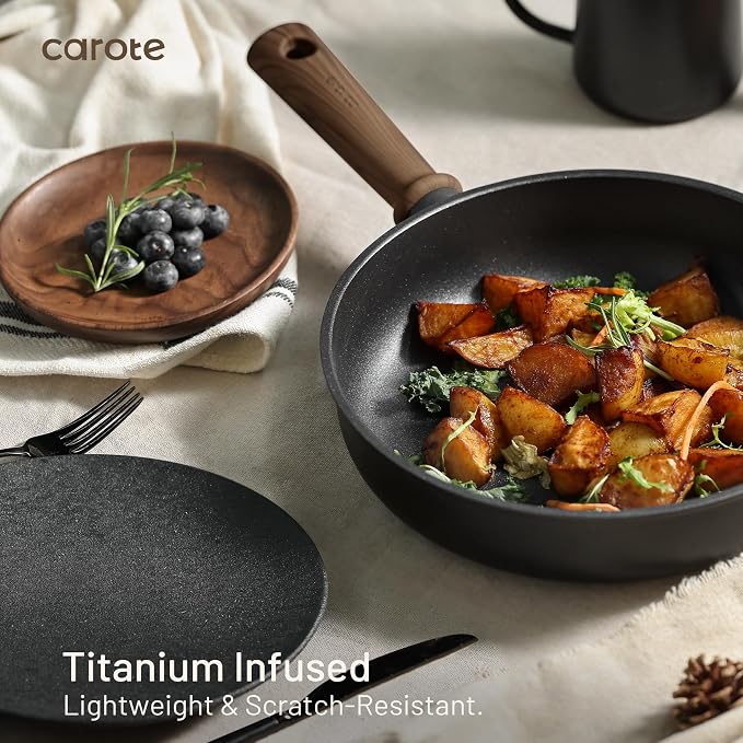 CAROTE Nonstick Pots and Pans, Induction Titanium Cookware Set 16pcs Kitchen Cooking Sets, Pot and Pan Non Stick w/Frying pan (PFOS, PFOA Free)