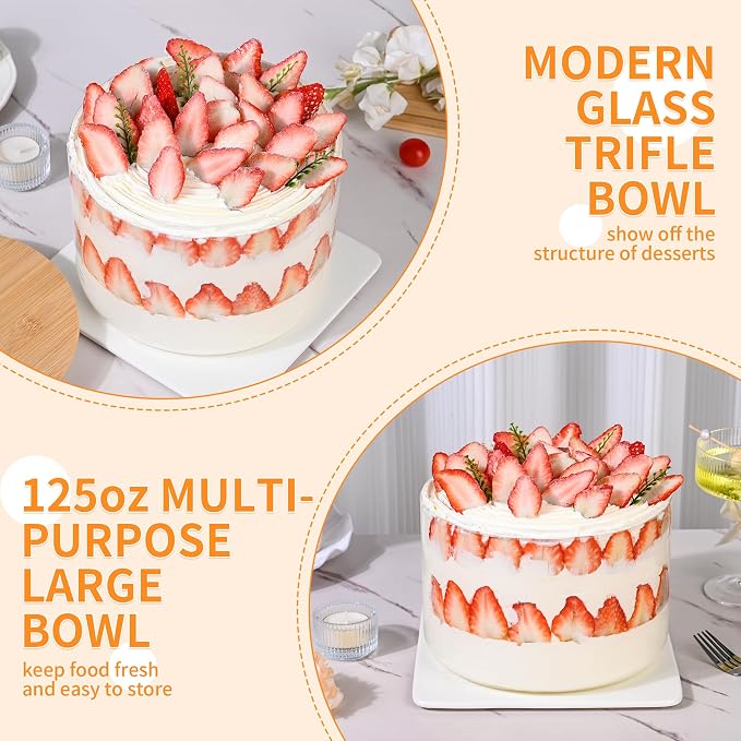 Large Trifle Bowl Glass, Morden Design Clear Glass Salad Bowl with Lid 125oz, Serving Bowl for Laying Ice Cream Cakes, Cupcake, Salad, Fruit, Microwave & Dishwasher Safe