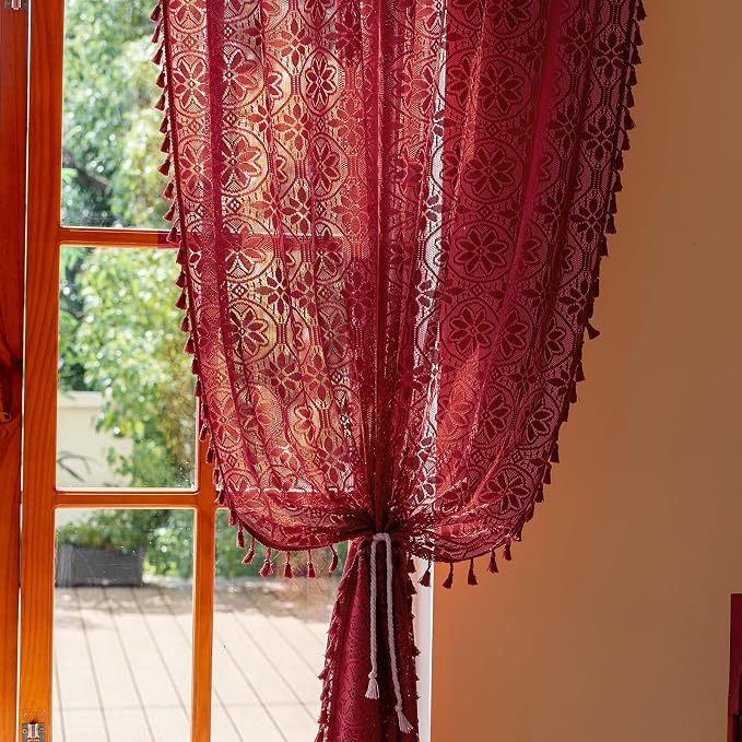 Sutuo Home Vintage Boho Lace Red Curtains 96 inches Long 2 Panels Tassels | Semi Sheer Curtains Drape for Living Room Bedroom Floral Bohemian Privacy Crochet Cottagecore Decor Rod Pocket,50" W Burgundy