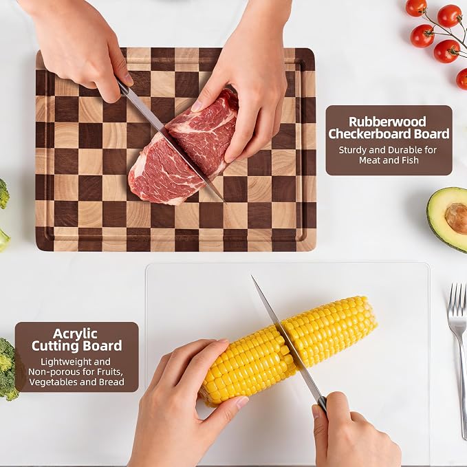 Checkered Cutting Board and Acrylic Cutting Board Set- 2-Piece Kitchen Board Set, Wood Checkerboard End Grain Chopping Boards with Juice Groove & Acrylic Board with Counter Lip