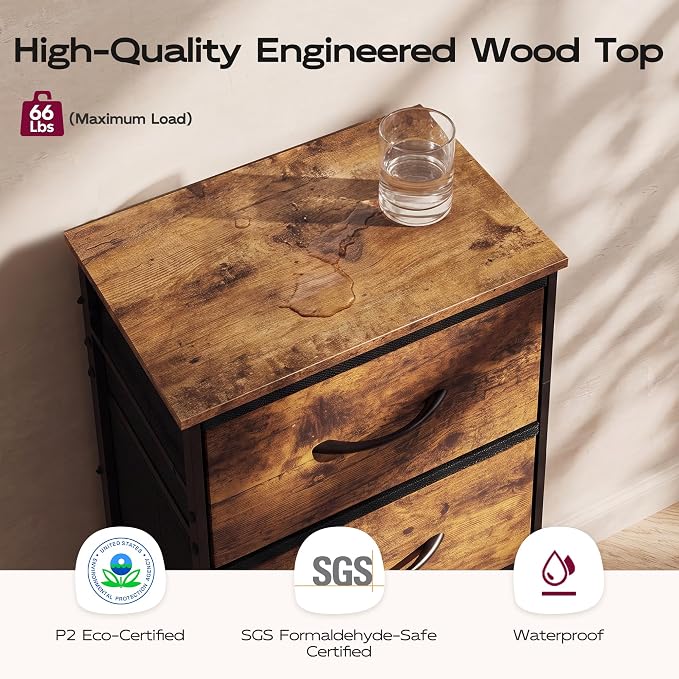WLIVE Small Dresser Nightstand for Bedroom, 4 Drawers, Rustic Brown | 4 vertical fabric drawers, Space-saving tower, Bedroom or closet use, Chest of drawers, Dresser for small spaces