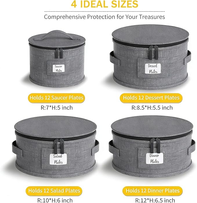 China Storage Containers,4 Piece Set,Hard Shell Moving Boxes for Dishes,Plate,Dinnerware,Saucers Quilted Organizer Dividers for Packing Fine China Storage Containers,Grey