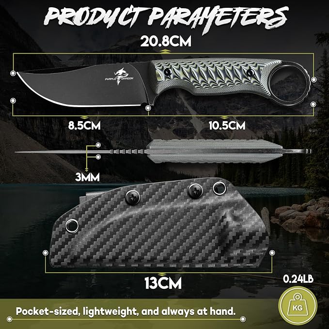 Purple Dragon Fixed Blade Knife with Kydex Sheath -Survival Knife Gray | Forged from a Single Piece of D2 Steel, Full Tang G10 Handle, Gift Box, for Outoor Camping