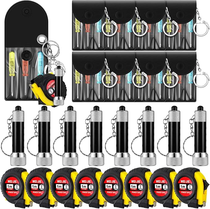 Jutom 18 Pcs Mini Tape Measure Keychain Screwdriver LED Light Keychain Bulk Men Adult Tool Party Gifts Prize for Man Father's Day Housewarming Gifts Adult Useful Tool Favors (Black)